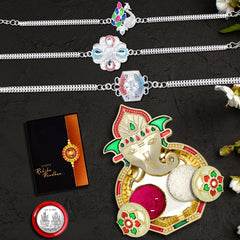 Rakhi Combo with (K3_C33+D10+D11_AA3) with Pooja Coin, Shri Ganesh Pooja Thali / Tilak Set & Greeting Card Rakhi with plate | rakhi thali set | rakhi in silver | rakhi hamper | handmade rakhi | rakhi for brother kids | rakhi for brother and bhabhi