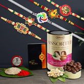 Multicolor Ganesha, Dancing Peacock, Beads Gold | Om Silver Color Rakhis / Bracelet & Chocolate Emperor (MRN) with Silver Color Pooja Coin, Roli Chawal & Greeting Card | Occasion | Rakhi for brother with gift | handmade rakhi |rakhi combo fo
