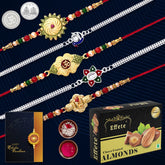 Rakhi combo Gift For Brother with Choco coated almond (K5_NC6_CA32) | OM Rakhi | Shri Ganesh Rakhi | Flower Rakhi