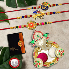 Rakhi Combo with (K3_320+321+322_AA3) with Pooja Coin, Shri Ganesh Pooja Thali / Tilak Set & Greeting Card Rakhi with plate | rakhi thali set | rakhi in silver | rakhi hamper | handmade rakhi | rakhi for brother kids | rakhi for brother and bhabhi
