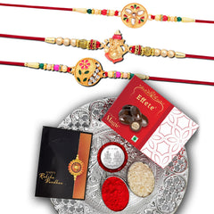 Golden Design Rakhi for Brother | Golden Flower Design Rakhi | Rakhi Combo with Chocolate Magic 32gm (K3_440+507+508_DS+EM32)
