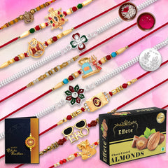 Rakshbandhan Special Silver Plated Rakhi, Set of 10 with Chocofarm Choco Peanuts, 32 g, Roli Chawal, Pooja Coin and Greeting Card
