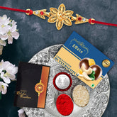 Rakhi Combo (K1_433_DS+BS32) Chocolate Butter Scotch 32gm & Silver Pooja Thali with Pooja Coin & Greeting Card, Rakhi gift set, Rakhi thali, rakhi for brother kids, rakhi thali set, Rakhi with plate, rakhi for brother and bhabhi, rakhi hampe