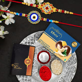 Rakhi Combo (K2_515+516_DS+BS32) Chocolate Butter Scotch 32gm & Silver Pooja Thali, with Pooja Coin & Greeting Card, Rakhi thali, Rakhi gift set, Rakhi with plate, rakhi thali set, rakhi hamper for brother, rakhi with chocolate, rakhi for br