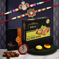 Rakhi (K2_557+558_CA32) & Chocolate Almonds 32gm | Rakhi Combo with card and chocolate | chocolates gift | Rakhi & Chocolate for brother | rakhi with gift | Set of 2 Rakhi