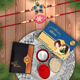 Rakhi Combo (K2_263+266_DS+BS32) Chocolate Butter Scotch 32gm & Silver Pooja Thali, with Pooja Coin & Greeting Card, Rakhi thali, Rakhi gift set, Rakhi with plate, rakhi thali set, rakhi hamper for brother, rakhi with chocolate, rakhi for br