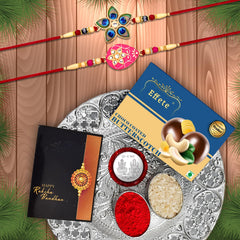 Rakhi Combo (K2_263+266_DS+BS32) Chocolate Butter Scotch 32gm & Silver Pooja Thali, with Pooja Coin & Greeting Card, Rakhi thali, Rakhi gift set, Rakhi with plate, rakhi thali set, rakhi hamper for brother, rakhi with chocolate, rakhi for br