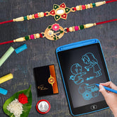 Multicolor Rakhi (K2_921+924_1360) & LCD Writing Pad/Tablet for Kids with Silver Color Pooja Coin & Greeting Card, Occasion, kids silver Rakhi, Rakhi for brother with gift kids, gifts for Little brother, fancy Rakhi for brother , Set of 2 Rakhi