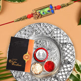 Silver Color Dish with Multicolor Rakhi Combo | Greeting Card | Silver Color Pooja Coin | Brother Sister Rakhi | Stylish Rakhi for Brother | Rakhi with Gift | Set of 1 Rakh (K1_170_DS)