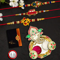 Rakhi Combo (K3_316+317+319_AA3) with Pooja Coin, Shri Ganesh Pooja Thali / Tilak Set & Greeting Card, Rakhi with plate, rakhi thali set, rakhi for brother kids, Fancy Rakhi for brother, Rakhi for Little brother, rakhi for brother and bhabhi, rakhi