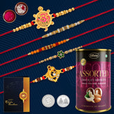(K5_NC22_AS) Multicolor Flower, OM, Ganpatiji Beads Gold Color Rakhis Combo with Assorted Chocolate Dry fruits 96gm, Silver Color Pooja Coin, Roli Chawal & Greeting Card, Occasion, stylish rakhi for brother, Rakhi & Chocolate for brother, ra