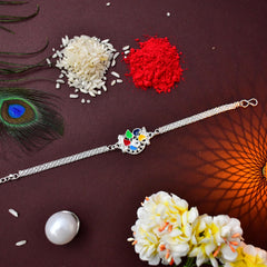 Rakshbandhan Special Silver Color Rakhi with Chocolate, Roli Chawal, Pooja Coin and Greeting Card Combo