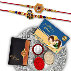 Rakhi Combo (K2_314+315_DS+BS32) Chocolate Butter Scotch 32gm & Silver Pooja Thali, with Pooja Coin & Greeting Card, Rakhi thali, Rakhi with plate, rakhi thali set, rakhi for brother with chocolate, rakhi with gift, rakhi with chocolate, rak