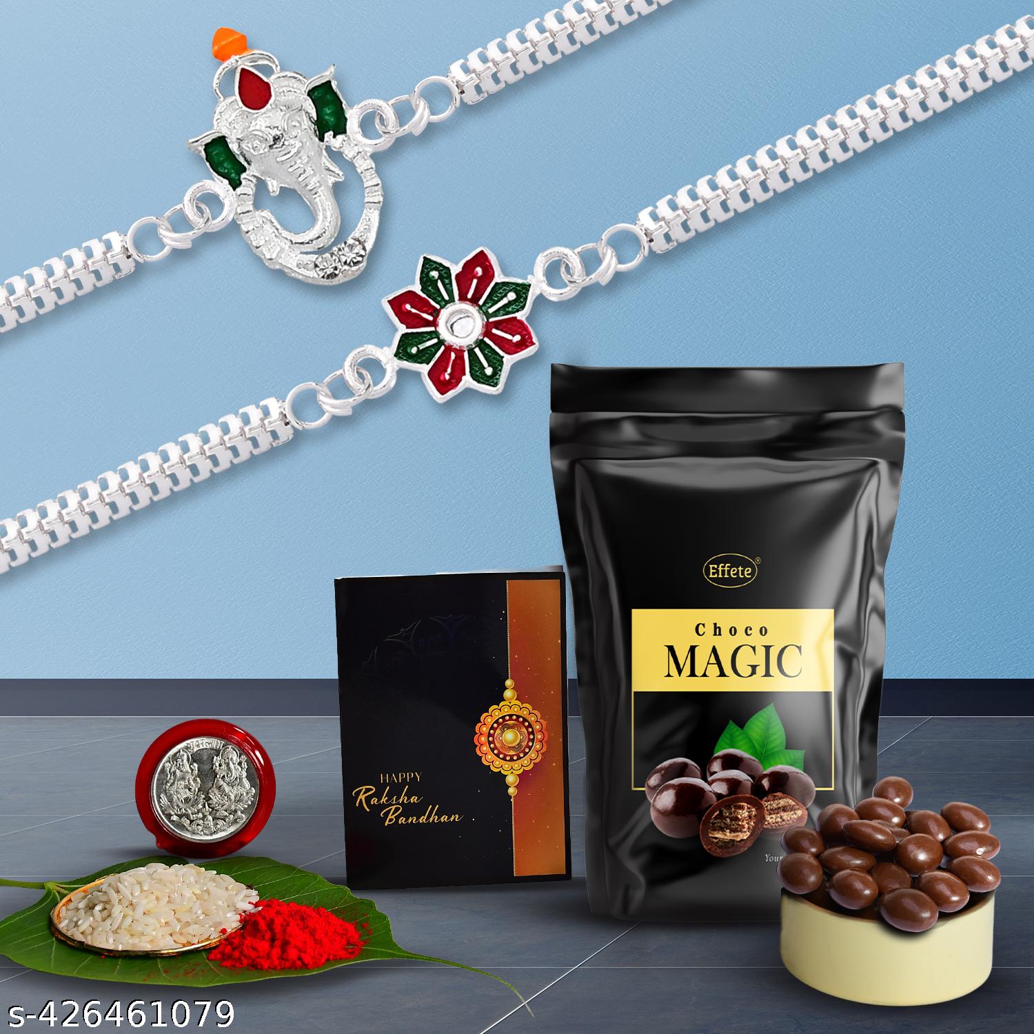 silver rakhi with chocolate
