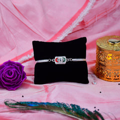 Red & Green Half Moon On Square Shape Bracelet With Effete Butterscotch Chocolate 96Gm ,Silver Color Pooja Coin, Roli Chawal & Greeting Card