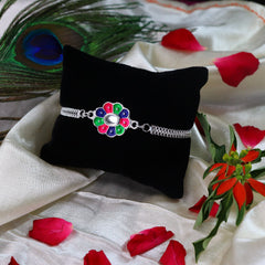 Ganesh Golden Color Rakhi And Silver Flower Rakhi With Decorative Gift 4Pc Diya Set For Your Brother,Silver Color Pooja Coin, Roli Chawal & Greeting Card