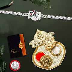 Silver Mor With Mina And Chain With Kalash Pooja Thali Set ,Silver Color Pooja Coin, Roli Chawal & Greeting Card