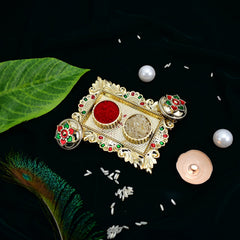 Om Rakhi With Diamonds And Traditional Look With Square Pooja Thali Set ,Silver Color Pooja Coin, Roli Chawal & Greeting Card