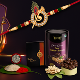 Designer Krishna Rakhi Gift Combo with Nut Butterscotch, Tilak Set, Coin & Greeting Card