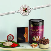 Sparkly Silver Bracelet With A Pretty Flower With Effete Assorted Chocolate 96Gm ,Silver Color Pooja Coin, Roli Chawal & Greeting Card