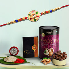 Round Rakhi With Green And Red Mina And Diamond With Effete Assorted Chocolate 96Gm ,Silver Color Pooja Coin, Roli Chawal & Greeting Card