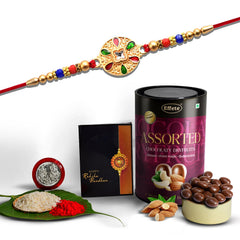 Round Rakhi With Green And Red Mina And Diamond With Effete Assorted Chocolate 96Gm ,Silver Color Pooja Coin, Roli Chawal & Greeting Card