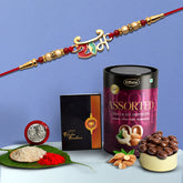 Ram Name Design With Red & Brown Beads With Effete Assorted Chocolate 96Gm ,Silver Color Pooja Coin, Roli Chawal & Greeting Card