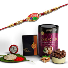 Oval Shape Ram Name Design With Effete Assorted Chocolate 96Gm ,Silver Color Pooja Coin, Roli Chawal & Greeting Card