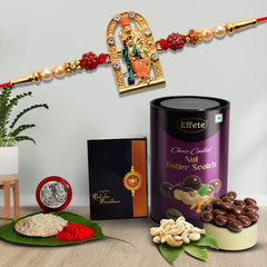 Shree Ram With Rudraksha Beads With Effete Butterscotch Chocolate 96Gm ,Silver Color Pooja Coin, Roli Chawal & Greeting Card