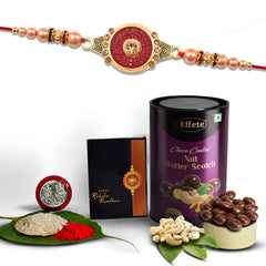 Red Circle Shape With Beads With Effete Butterscotch Chocolate 96Gm ,Silver Color Pooja Coin, Roli Chawal & Greeting Card