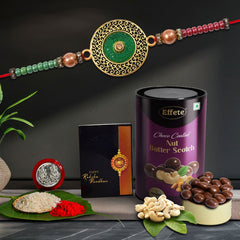 Green Circle Shape With Beads With Effete Butterscotch Chocolate 96Gm ,Silver Color Pooja Coin, Roli Chawal & Greeting Card