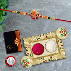 Ganesh With Diamond And Beads With Square Pooja Thali Set ,Silver Color Pooja Coin, Roli Chawal & Greeting Card