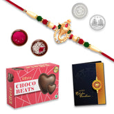 Ganesh Rakhi Combo with Effete Choco Beast 32g, Silver Color Pooja Coin, Roli Chawal & Greeting Card