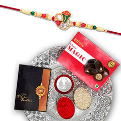 Om Design With Colorful Beads With Effete Choco Magic Chocolate 32Gm With Pooja Thali ,Silver Color Pooja Coin, Roli Chawal & Greeting Card