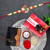 Om Design With Colorful Beads With Effete Choco Magic Chocolate 32Gm With Pooja Thali ,Silver Color Pooja Coin, Roli Chawal & Greeting Card