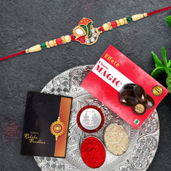Om Design With Colorful Beads With Effete Choco Magic Chocolate 32Gm With Pooja Thali ,Silver Color Pooja Coin, Roli Chawal & Greeting Card