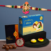 Ganesh Ji With Colorful Beads With Effete Butterscotch Chocolate 32Gm ,Silver Color Pooja Coin, Roli Chawal & Greeting Card