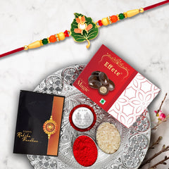 Rakhi Combo with Ganesh Rakhi, Puja Thali, Roli Chawal, Coin & Chocolates,Rakhi Gift Combo