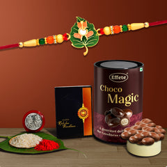 Ganesh Ji On Pan Leaves With Beads With Effete Magic Chocolate 96Gm ,Silver Color Pooja Coin, Roli Chawal & Greeting Card