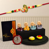 Om Rakhi With Morpichh With Decorative Baby Buddha Gift ,Silver Color Pooja Coin, Roli Chawal & Greeting Card