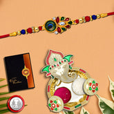 Morpichh Color Rakhi With Mina Work With Ganesha Pooja Thali Set ,Silver Color Pooja Coin, Roli Chawal & Greeting Card
