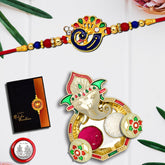 Mor With Colorful Mina Traditional Look With Ganesha Pooja Thali Set ,Silver Color Pooja Coin, Roli Chawal & Greeting Card