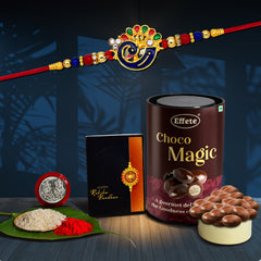 Peacock Design With Red & Green Mina With Effete Magic Chocolate 96Gm ,Silver Color Pooja Coin, Roli Chawal & Greeting Card