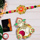 Green And Red Flower Rakhi With Ganesha Pooja Thali Set ,Silver Color Pooja Coin, Roli Chawal & Greeting Card