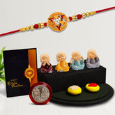 Round Rakhi With Trangal In Middle With Decorative Baby Buddha Gift ,Silver Color Pooja Coin, Roli Chawal & Greeting Card