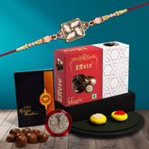 Satya In Square Shape With Beads With Effete Magic Chocolate 32Gm ,Silver Color Pooja Coin, Roli Chawal & Greeting Card