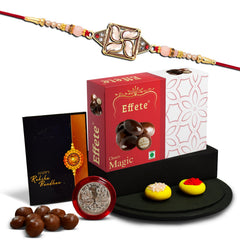 Satya In Square Shape With Beads With Effete Magic Chocolate 32Gm ,Silver Color Pooja Coin, Roli Chawal & Greeting Card