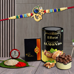 Om Design With Peacock Feather With Effete Choco Almond Chocolate 96Gm ,Silver Color Pooja Coin, Roli Chawal & Greeting Card