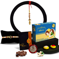 Red & Blue Mina With Diamond And Beads Rakhi With Effete Butterscotch Chocolate 32Gm ,Silver Color Pooja Coin, Roli Chawal & Greeting Card