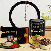 Red & Blue Mina With Diamond And Beads Rakhi With Effete Choco Almond Chocolate 96Gm ,Silver Color Pooja Coin, Roli Chawal & Greeting Card